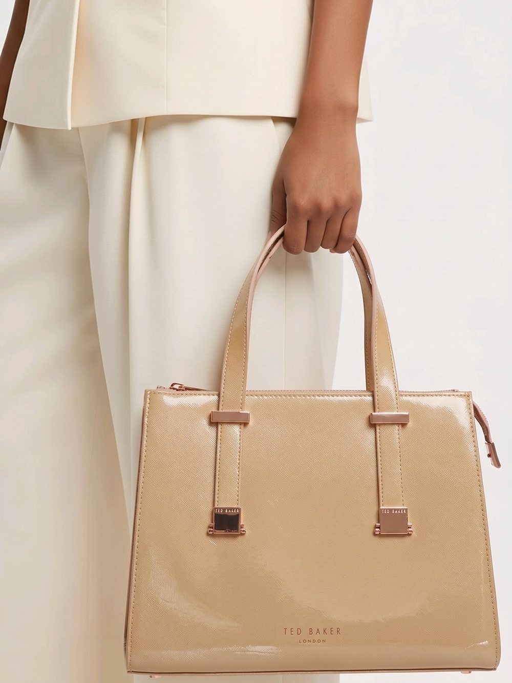 Ted Baker Beige/Tan Patent Leather Tote Bag,Authentic